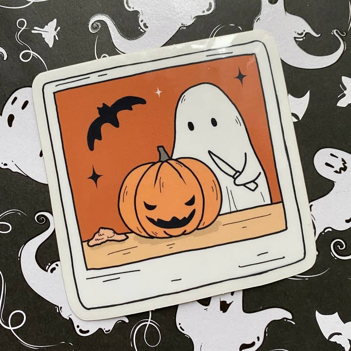 Carving Ghostie Polaroid Clear Sticker for wholesale by Little Spooky Studio