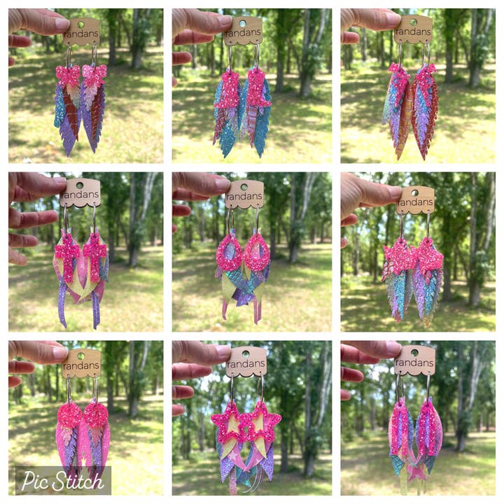 Glitter Feather Hoops- resin, faux leather, chain, dangle for wholesale by Randans