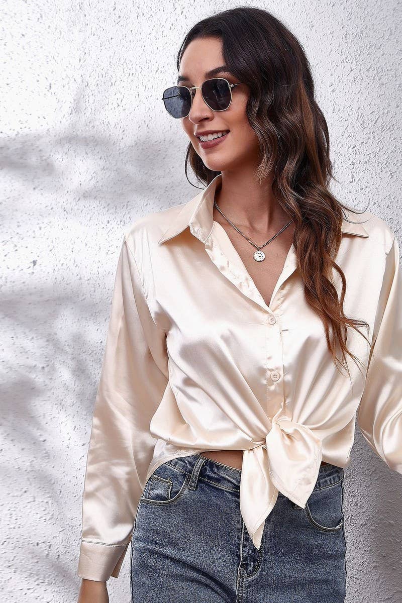 NINEXIS - Wholesale Button Down Shirt - Women's - CWTBLL0691_Button Down Silky Satin Long Sleeve Top13