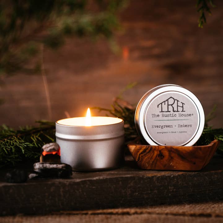 Evergreen + Embers | Silver Travel Tin Soy Candle | 4oz. for wholesale by The Rustic House
