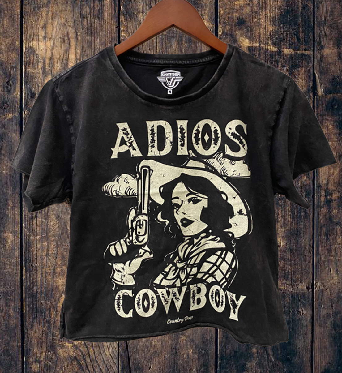 Country Deep Apparel - Wholesale Screen Printed T-Shirt - Women's - Adios Cowboy regular Cropped Acid wash T-shirt1