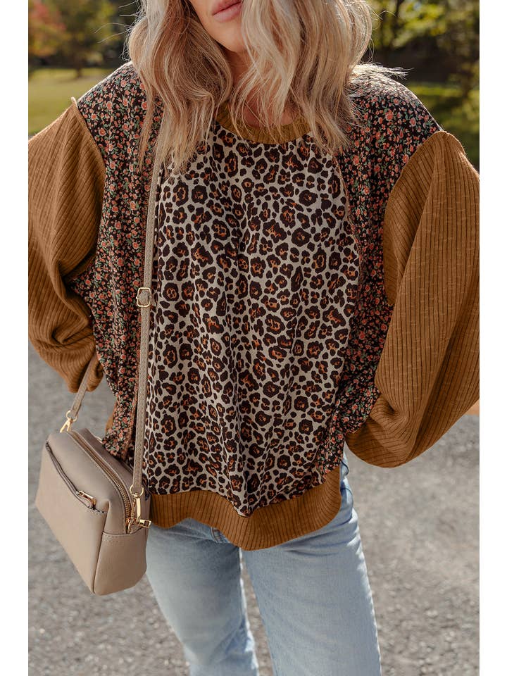Brown Leopard Floral Patchwork Ribbed Puff Sleeve Top for wholesale on Faire3