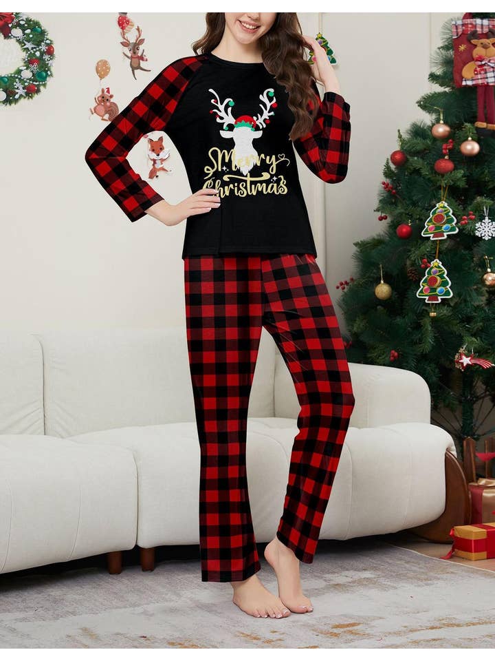 Anna Kaci Wholesale - Wholesale Sleepwear Set - Unisex - Family Christmas Pajama Set with Black Tops Red Plaid Pants17