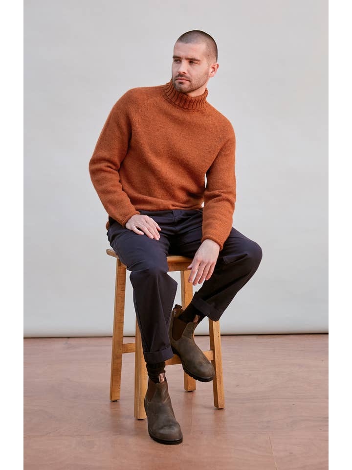 Burnt Orange Mens British Wool Fishermans Roll Neck Jumper for wholesale on Faire1