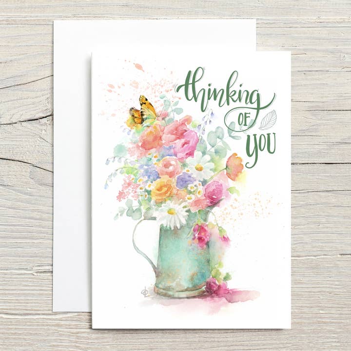 Carte de fleurs et papillon "Pensées pour toi" pour la vente par Christy Obalek Illustration