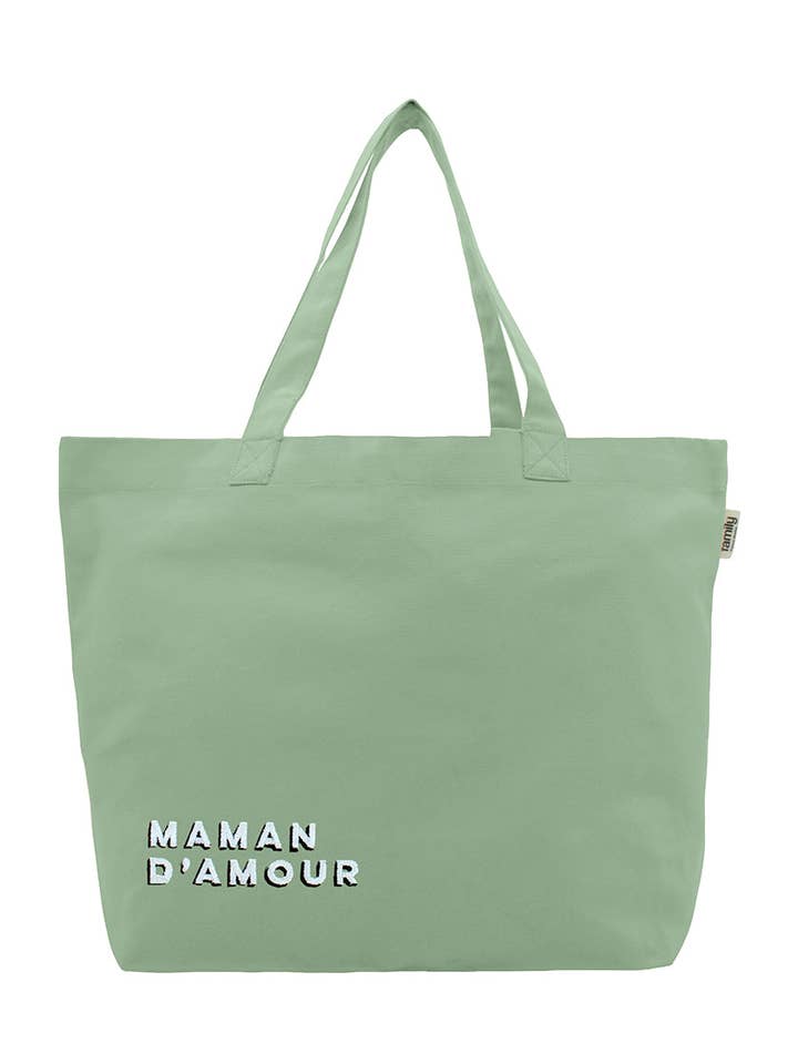 MAMA D’AMOUR boodschappentas watergroen met borduursel voor wholesale door Family Impact Stories