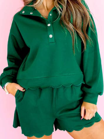 Green Embroidered Scallop Trim Half Button set for wholesale by EightyFirst Street Boutique