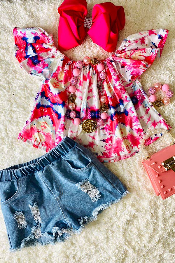 luluclothes - Wholesale Top & Short Set - Kids - DLH2358 Tie dye off the shoulder top light denim shorts sets1
