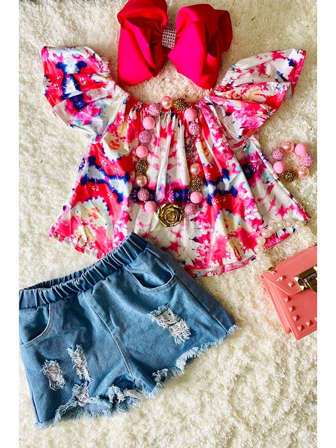 luluclothes - Wholesale Top & Short Set - Kids - DLH2358 Tie dye off the shoulder top light denim shorts sets1