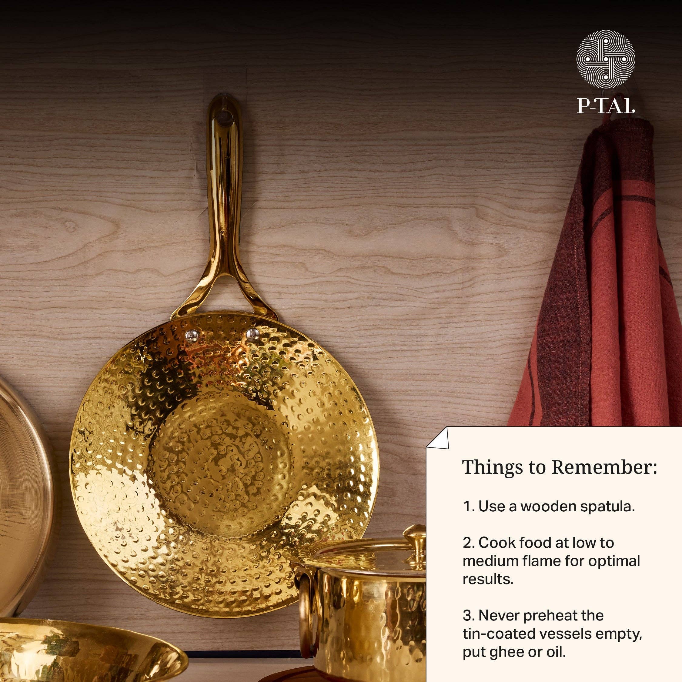 P-TAL – wholesale Cookware set – Brass Essentials Combo Set (Brass Roti Tawa with Insulated handle, Brass Ghee Pot, Brass Kadhai with Insulated handles & Glass lid)11