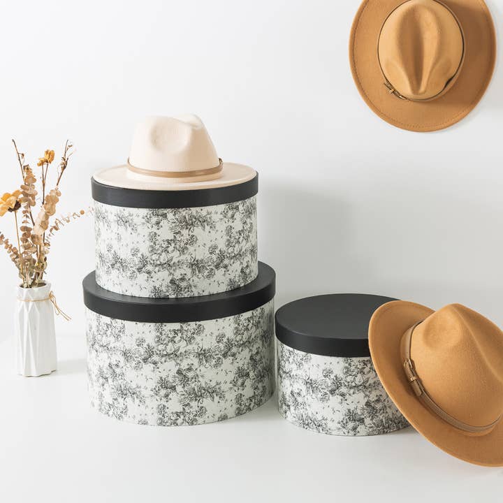 Soul & Lane - Wholesale Hat Box - Set of 3 Large Black Floral Print Round Boxes for Hats1