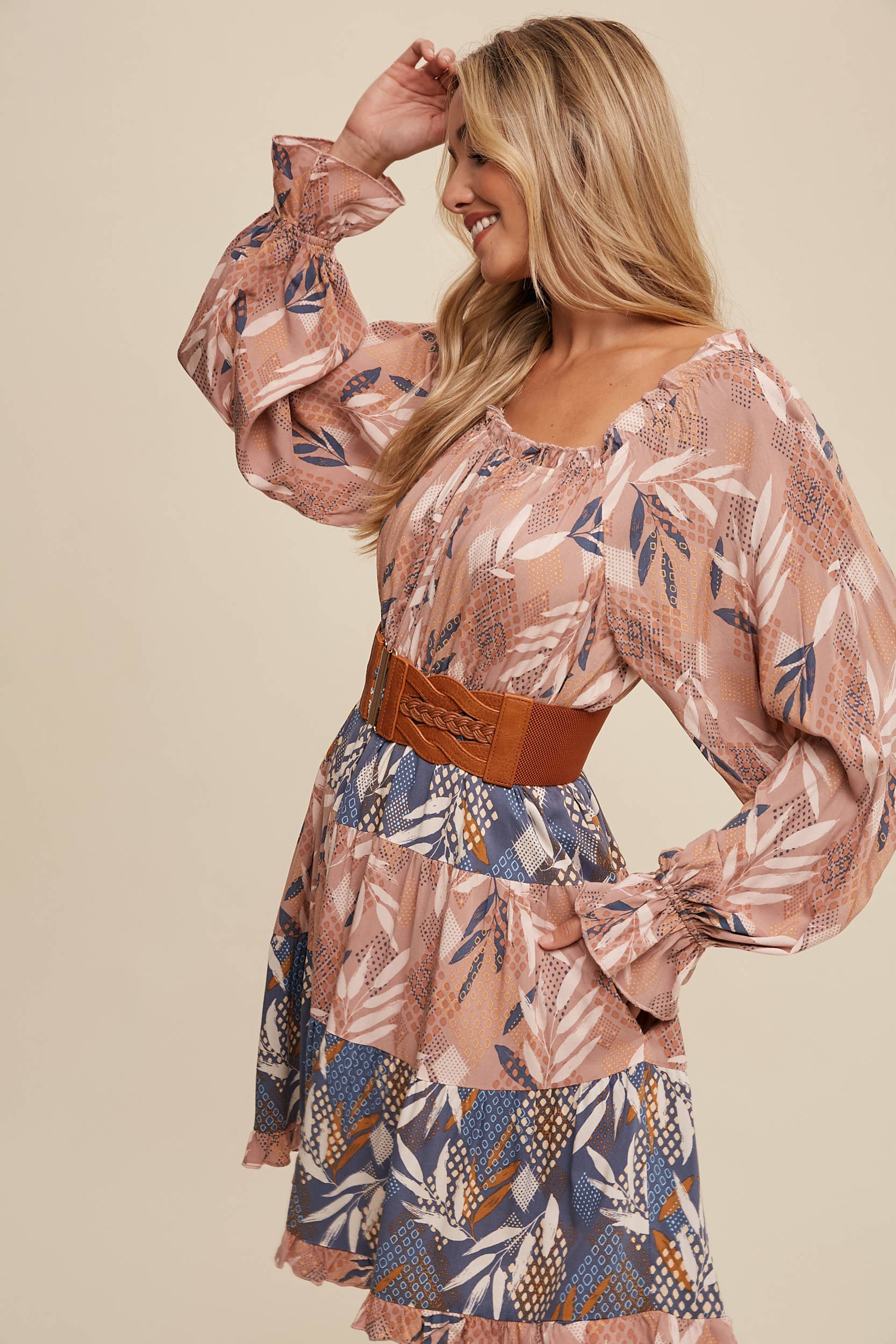 Listicle - Wholesale Dress - Women's - Patchwork Puff-Sleeve Tiered Mini Dress6