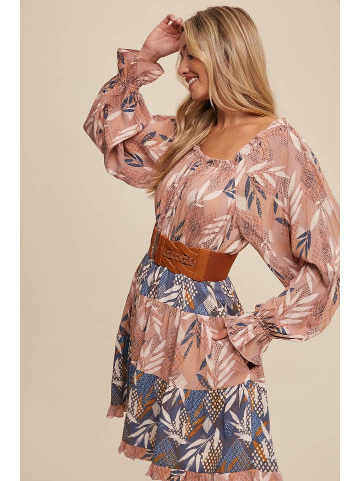 Listicle - Wholesale Dress - Women's - Patchwork Puff-Sleeve Tiered Mini Dress6