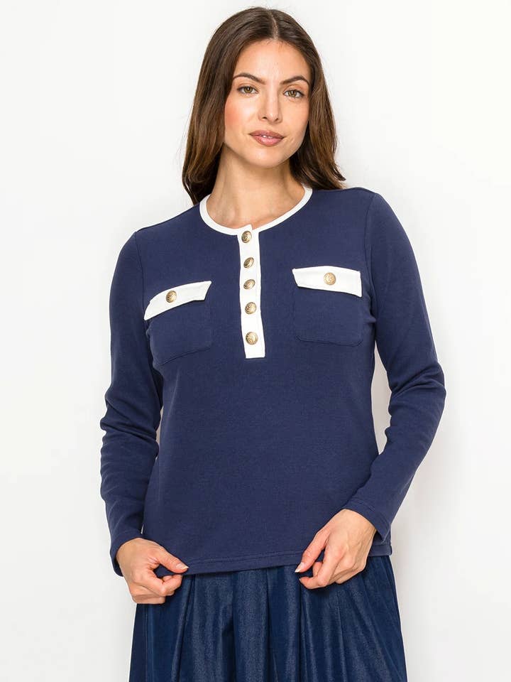 Marineblå Henley-T-shirt med kontrastknapper for engroshandel hos Yal New York