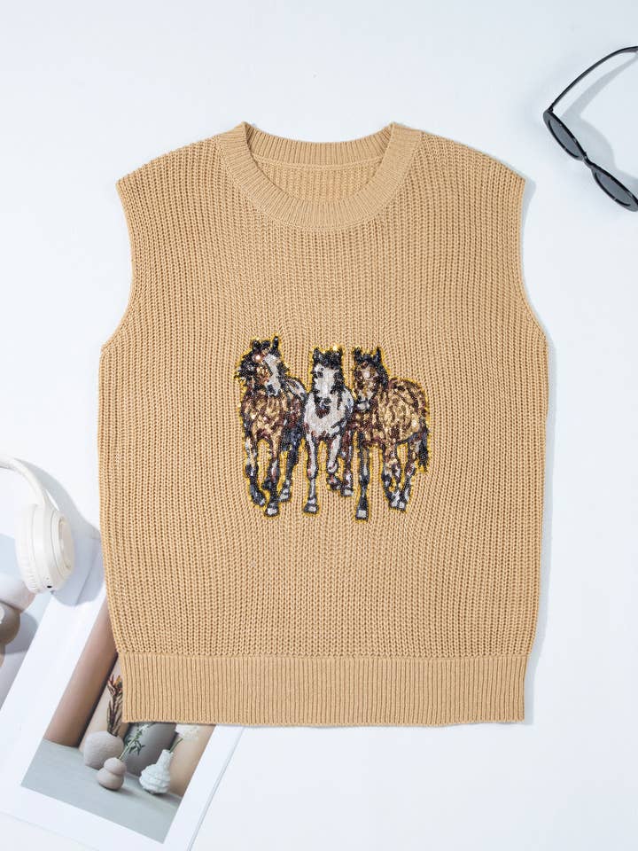 Parchment Sequin Horse Graphic Lightweight Knitted Sweater Vest for wholesale on Faire1