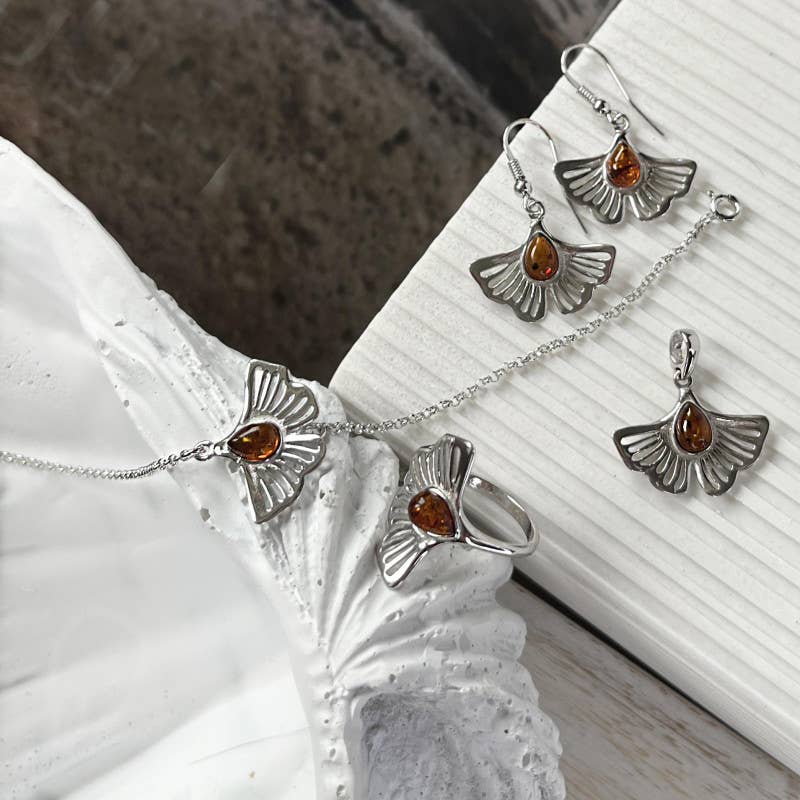 Cognac amber ginkgo bracelet, sterling silver, length 16+3.5 cm for wholesale on Faire2