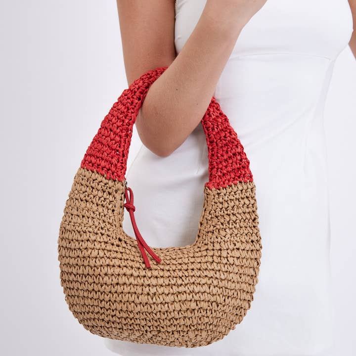 Marrón Bolso Redondo de Paja con Asa Roja de venta al por mayor en Faire