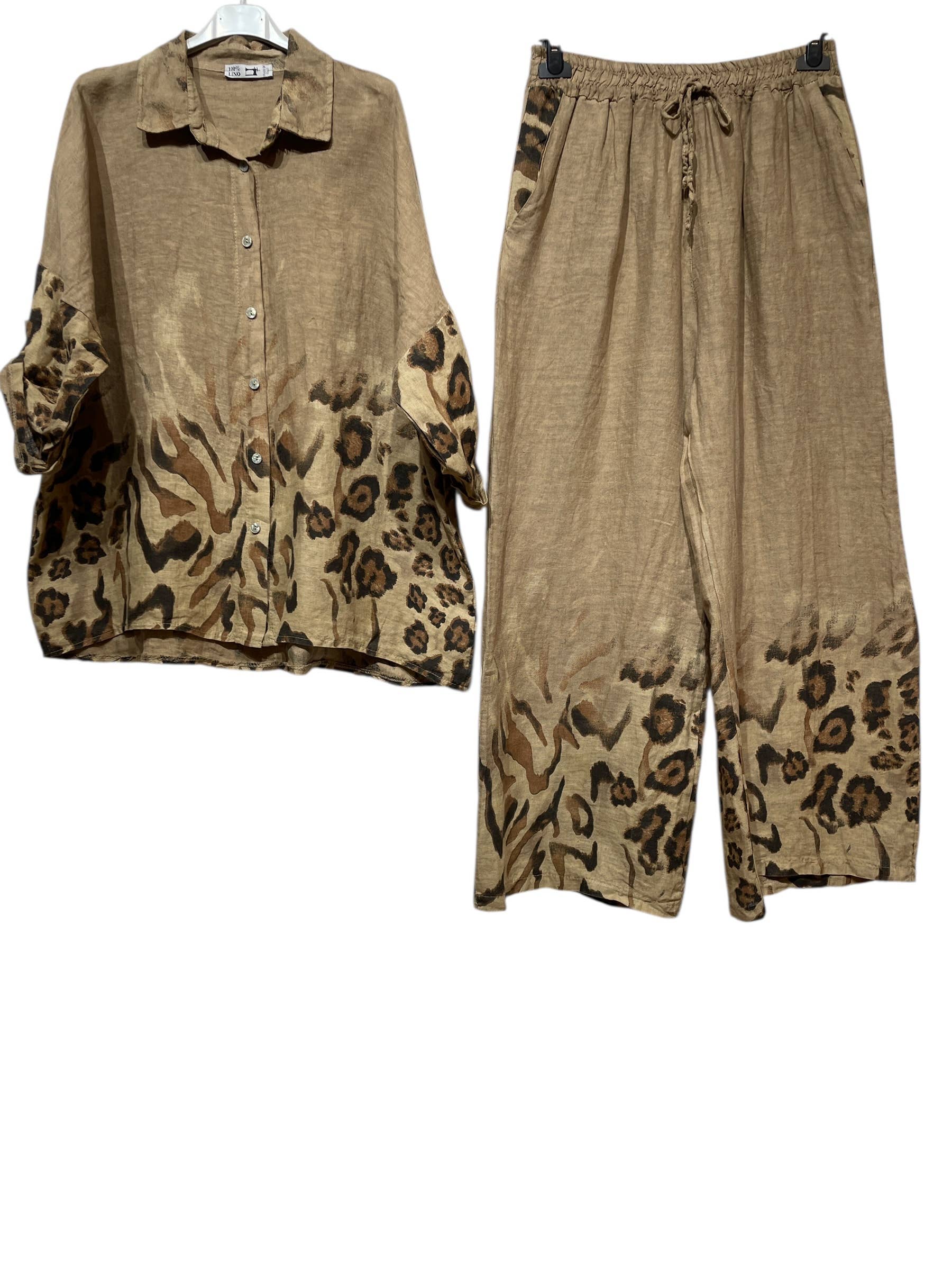 LINEN & COTTON HOUSE – Engroshandel Overdelssæt – til kvinder – Leopardmønstret hørskjorte og bukser sæt 09002 4840322