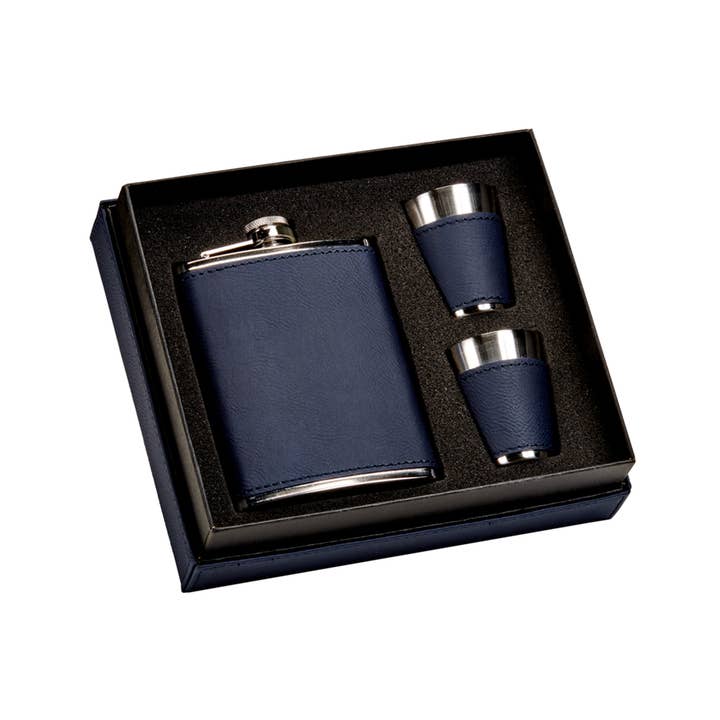 Creative Gifts International Inc. - Wholesale Flask - Navy Leatherette Flask & Stainless Steel Shot Glass Set