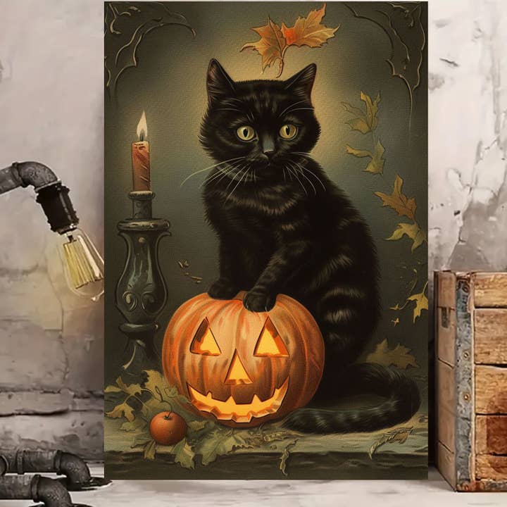 Bad Bunny Designs - Wholesale Art Print - Halloween Black Kitty with Candle Pumpkin Metal Sign