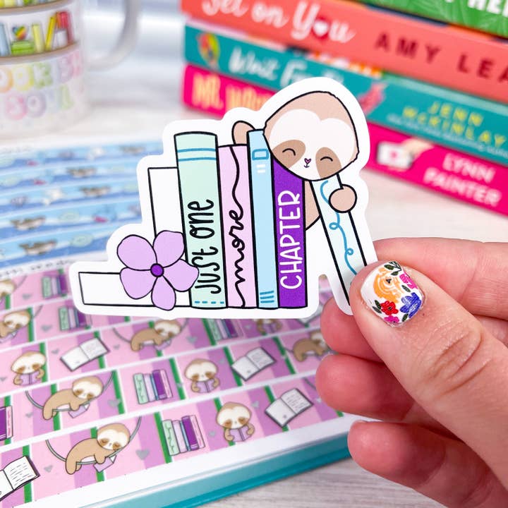 One More Chapter Sloth Book Premium Vinyl Sticker Decal for wholesale by Sweet Bean Plans