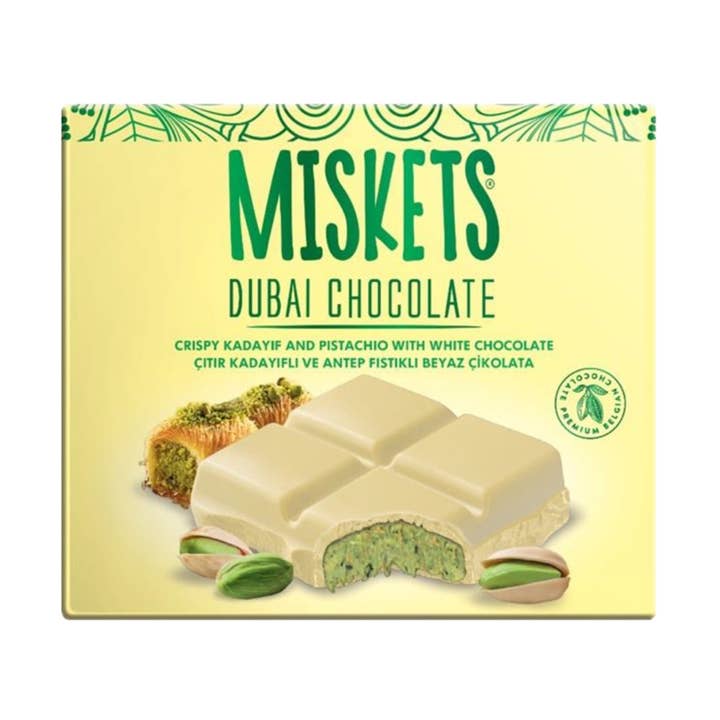 Miskets Dubai White Chocolate with Roasted Pastry & Pistachios – 100g for wholesale by Trendy Treats