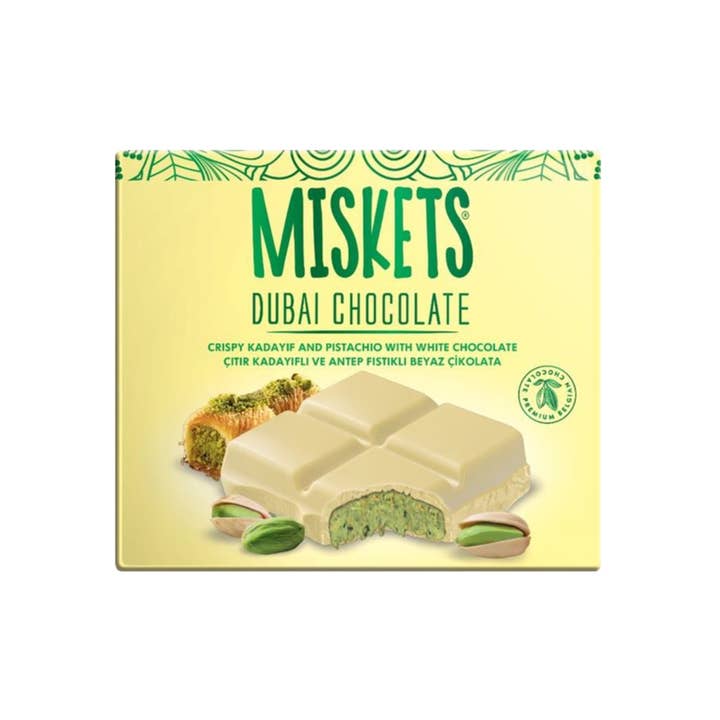 Miskets Dubaï Chocolat Blanc avec Pâtisserie Rôtie & Pistaches – 100g pour la vente par Trendy Treats