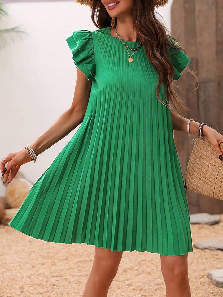 Green Pleated Ruffled Sleeve Crewneck Dress for wholesale on Faire
