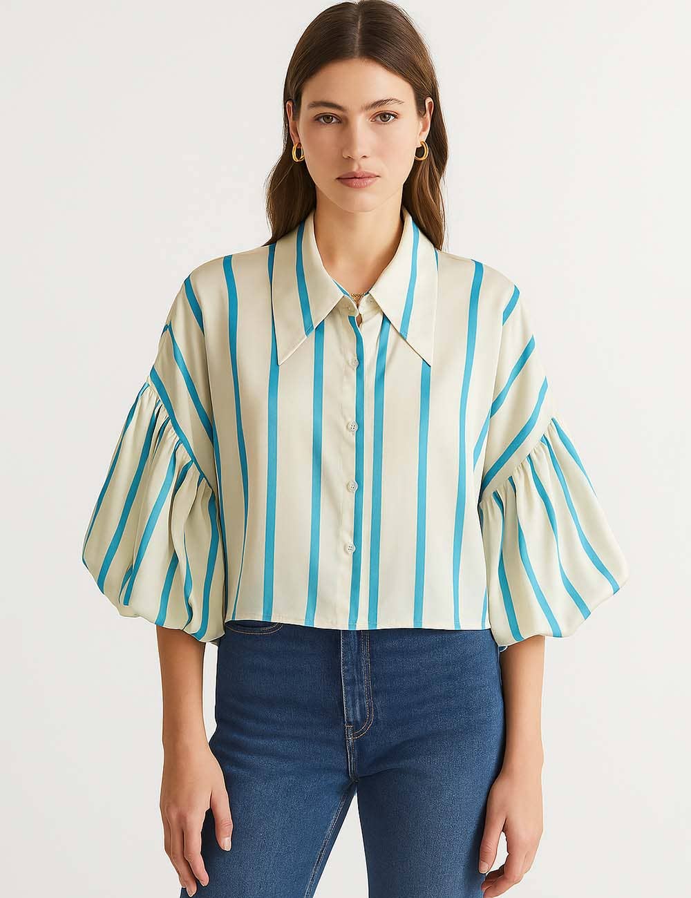 Sweetkama – wholesale Buttoned-down shirt – Women's – Ladies Striped Puff Sleeves Button Shirt SP0685