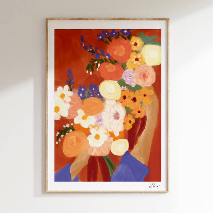 Peachy Florals Art Print | Summer Flowers Wall Decor for wholesale by Elsa Eleni