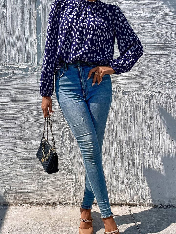 Animal Print Frill Detail High Neck Top In Navy for wholesale on Faire2