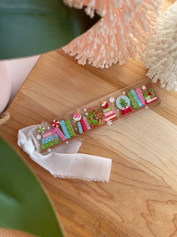 Christmas Bookshelf Clear Acrylic Bookmark with Chiffon Ribbon for wholesale by DesignedbyKendal