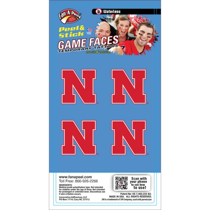 Tatouages temporaires Nebraska Game Faces® pour la vente par Fanapeel / Gamefaces