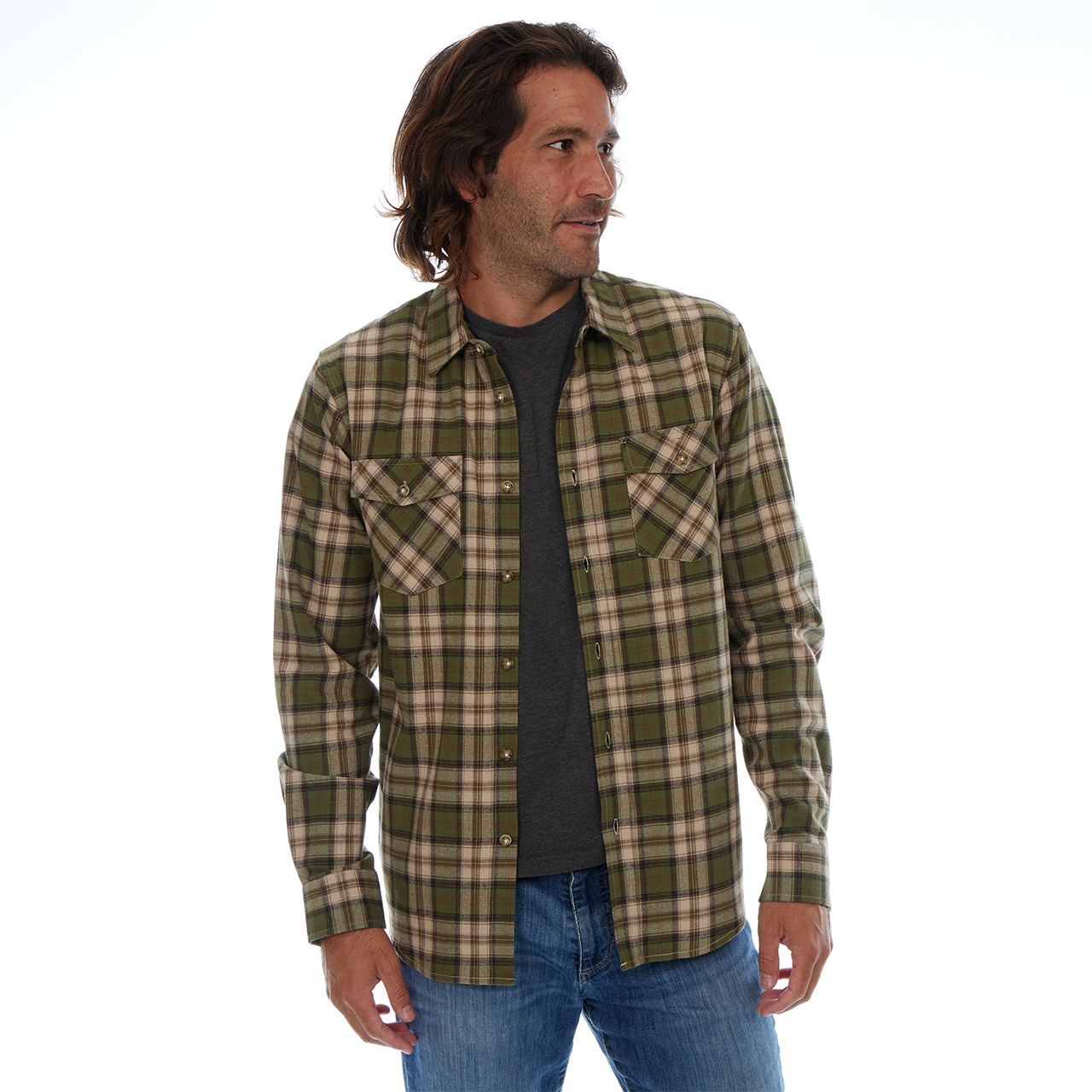 PX - Wholesale Button Down Shirt - Men's - Long Sleeve Flannel Plaid Front Pockets Shirt Lt Olive Khaki4