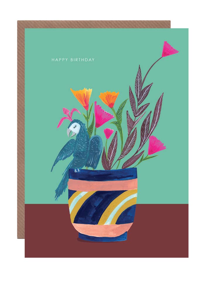 Tarjeta de felicitación de cumpleaños «Plant and Parrot» para venta al por mayor de Hutch Cassidy (Greetings Cards and Paper Goods)