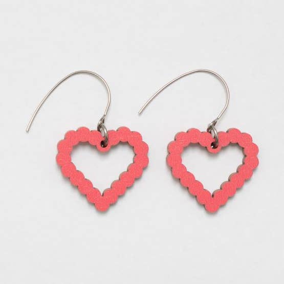 Bubble Heart Wooden Dangle Earrings Red for wholesale by Unique Ella