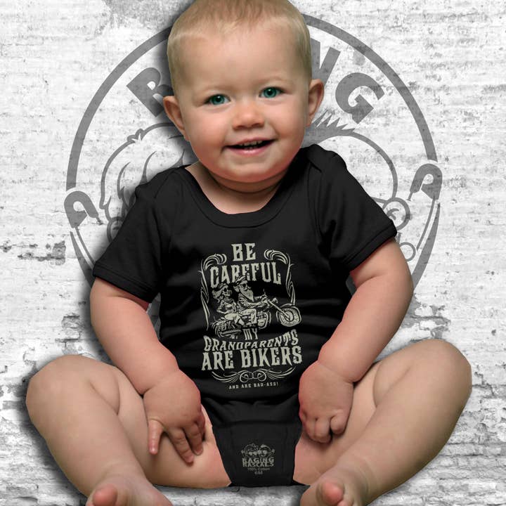 Be Careful, My Grandparents Are Bikers S/S Onesie for wholesale by Raging Rascals