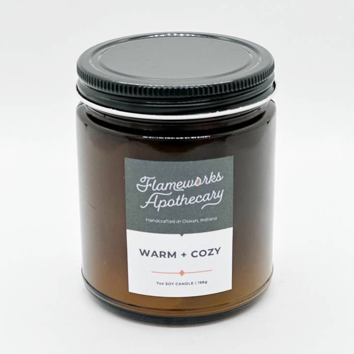 Warm + Cozy 7 oz Amber Jar Candle for wholesale by Flameworks Apothecary