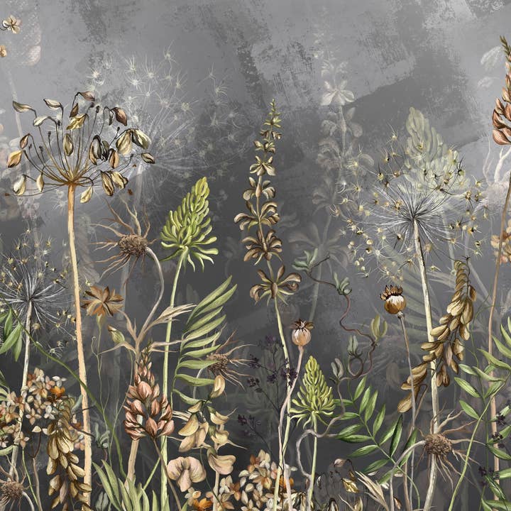 Dried Flowers Wallpaper, Grey Background Mural, Oversized Custom Size Wall Art, Non-Woven, Non-Adhesive, Modern Wall Paper, Removable for wholesale by Walloro Luxury Embossed Wallpaper