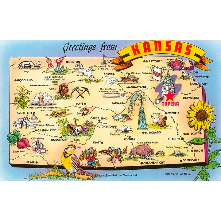 Found Image Press - Wholesale Postcard - Postcard KS-72 Greetings from Kansas, Map