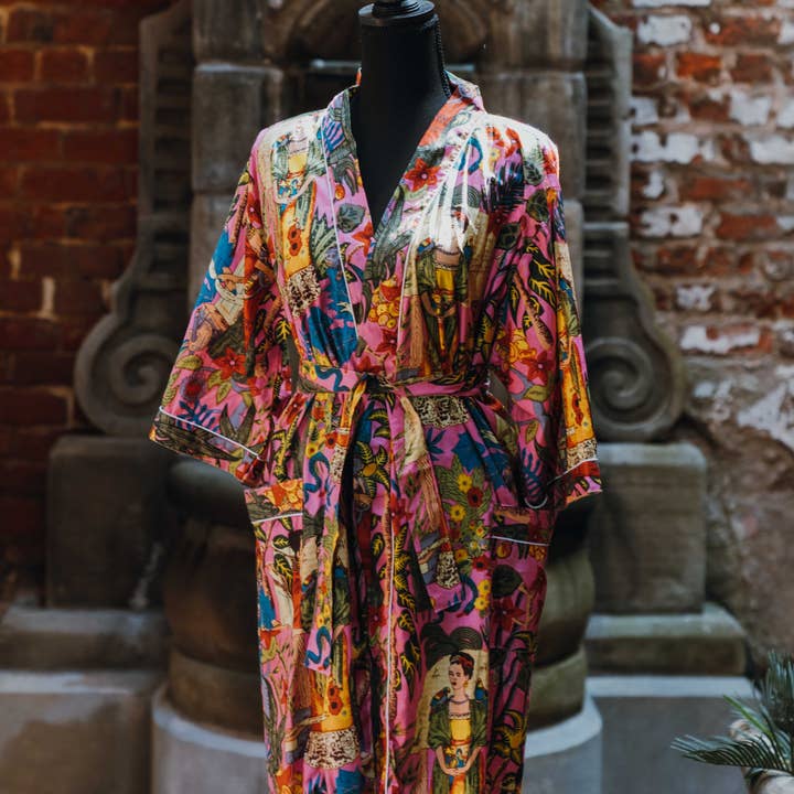 Pink Frida Kahlo Tropical Kimono Robe for wholesale by The Bazaar Rabbit