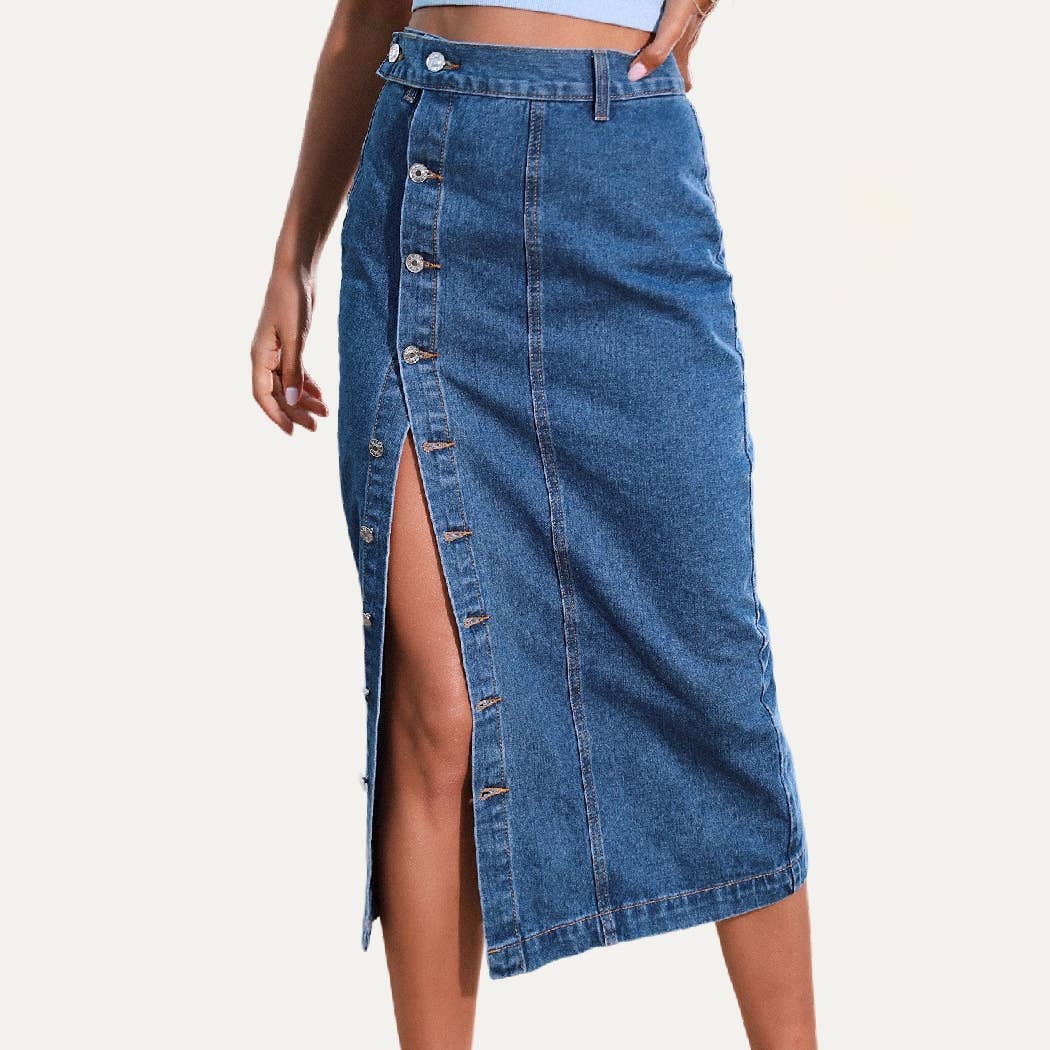 The Moment Collection - Wholesale Skirt - Women's - Always Chic Buttons High-Rise Denim Midi Skirt4