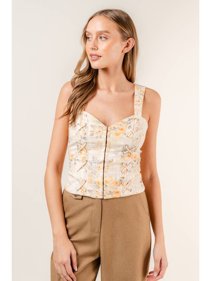 NATURAL COTTAGE CORE BOHO FLORAL LINEN PRINT CORSET TOP-TI5254FO for wholesale on Faire4