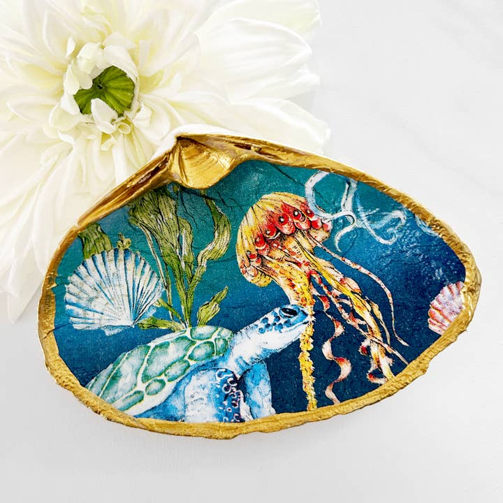 Adori Designs - Wholesale Jewelry Dish - Underwater Oceanic Decoupage Clam Shell Trinket Dish