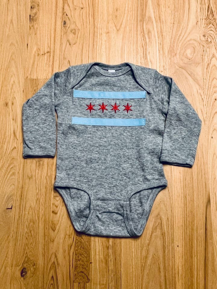 chicago flag onesie long sleeve, embroidered chicago flag for wholesale by tori grace outfitters