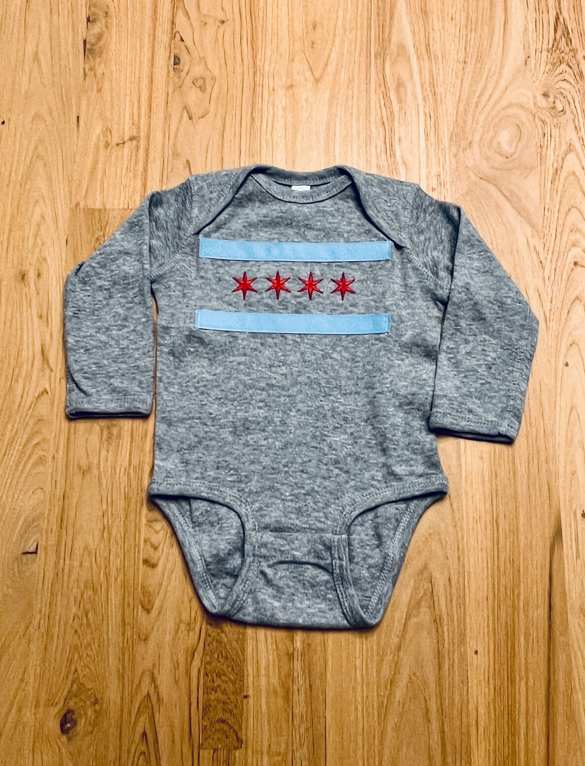 chicago flag onesie long sleeve, embroidered chicago flag for wholesale by tori grace outfitters
