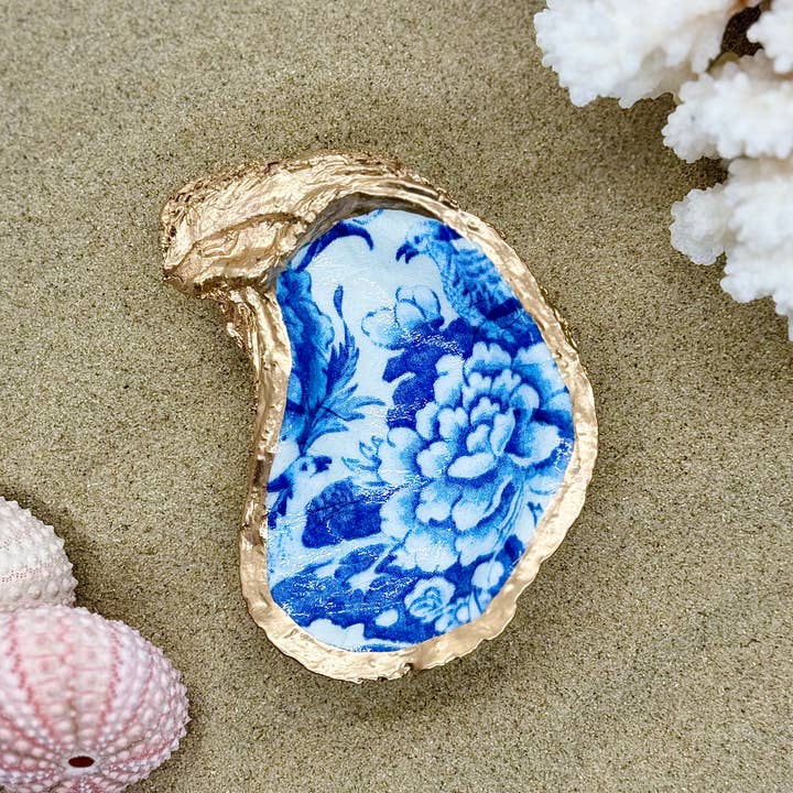 Alison Brooke Designs - Wholesale Jewelry Dish - Blue Flowers Oyster Trinket Dish1