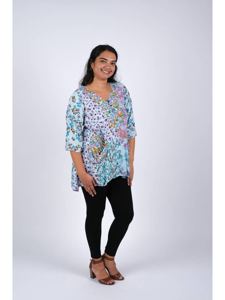 Sacred Threads - Wholesale Tunic - Women's - Blue Floral Serenity Patchwork Tunic