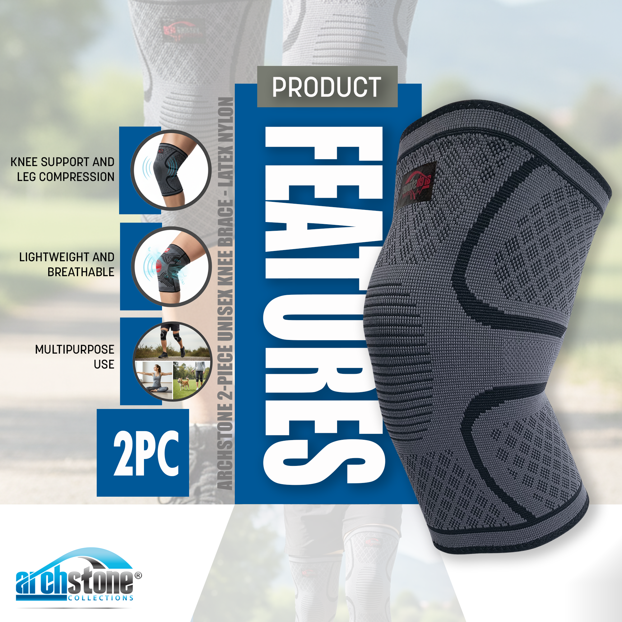 Archstone Collections - Wholesale Knee Sleeve - Archstone 2-Piece Unisex Knee Brace - Latex Nylon4