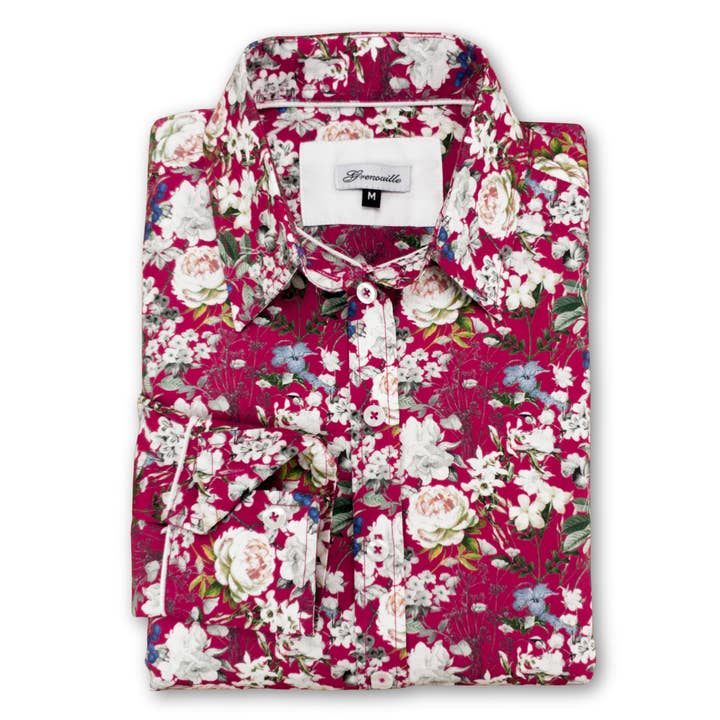 Grenouille Long Sleeve Dark Red Pink & White Floral Shirt for wholesale by Salamander Shirts Ltd